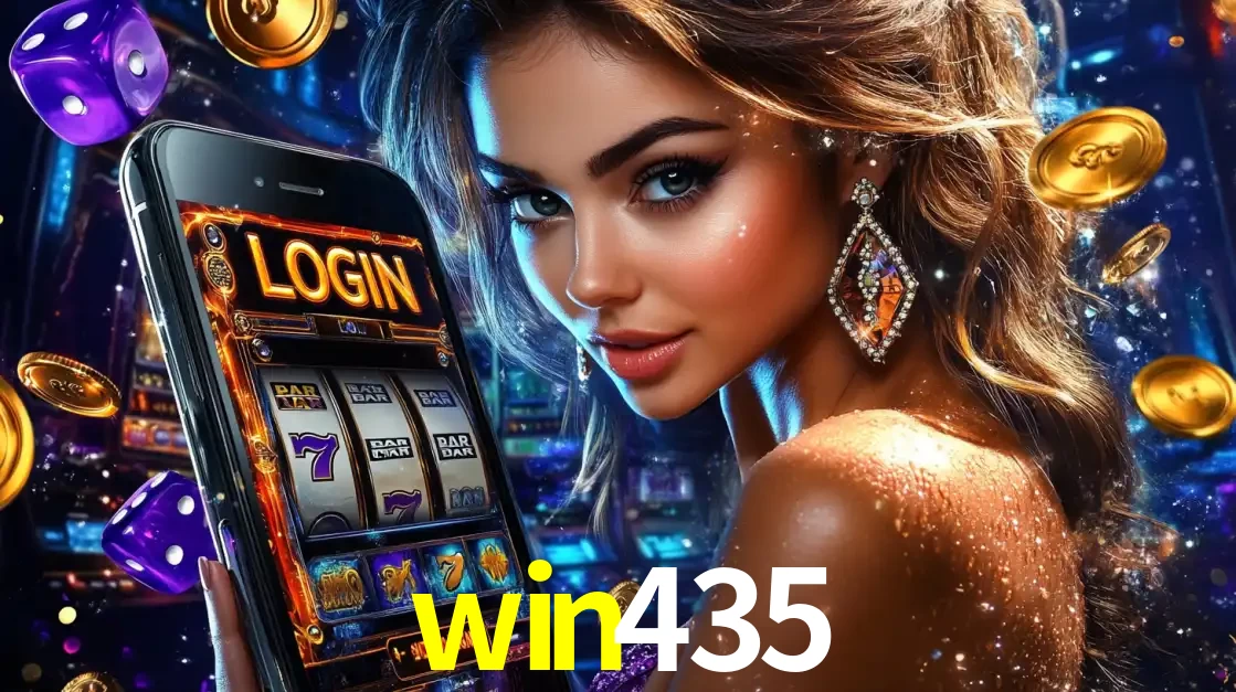 Mulher glamorosa segurando um smartphone com a tela de login para os jogos de caça-níqueis do cassino online win435, com moedas de ouro e dados ao redor.
