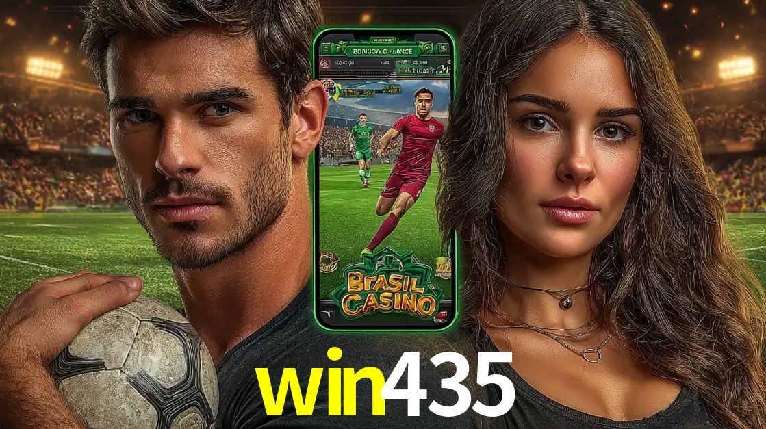 Homem segurando uma bola de futebol e uma mulher ao lado de um smartphone exibindo o jogo de apostas esportivas da win435. Faça seu palpite no cassino online.